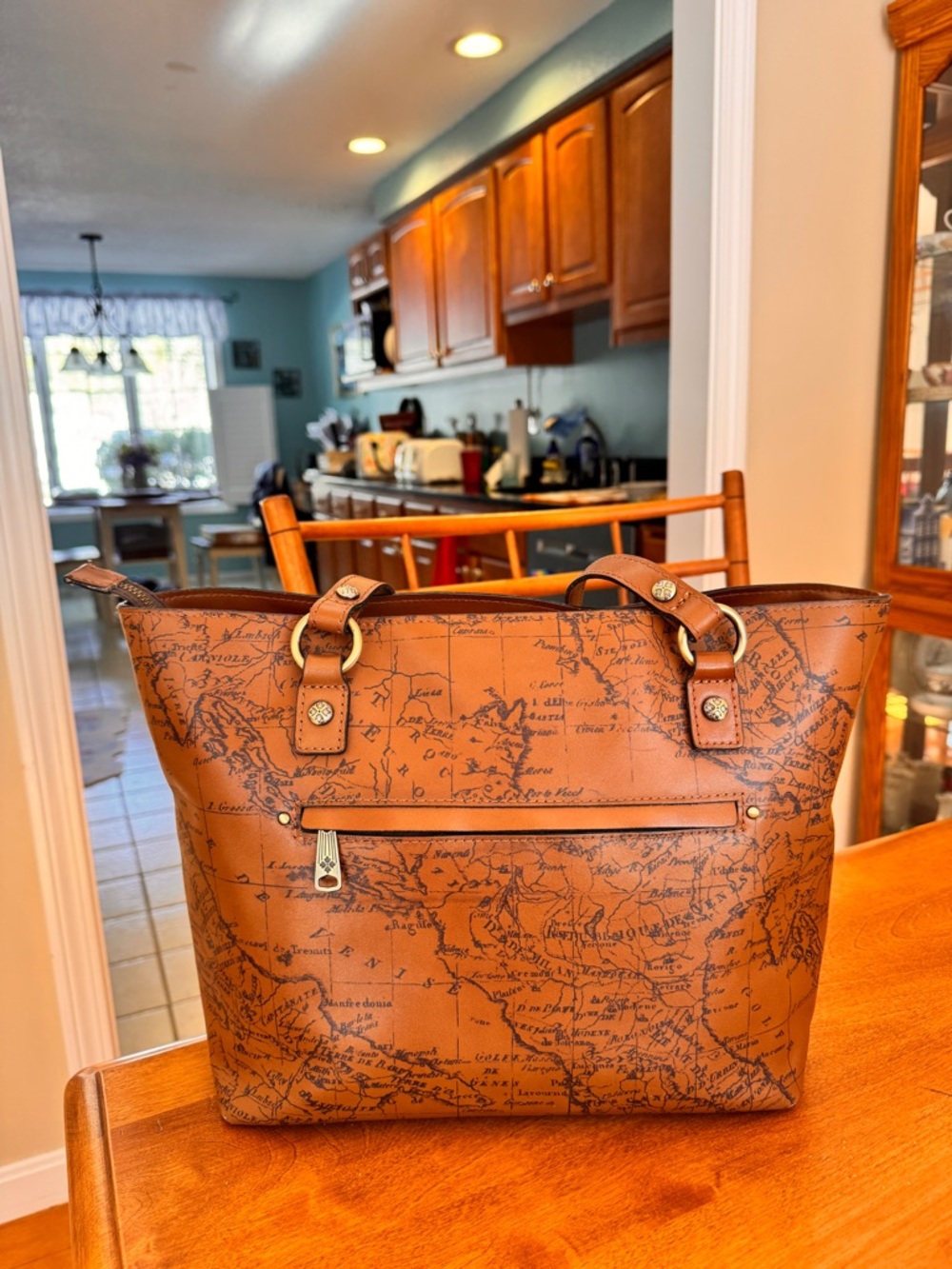 Map-Print Leather Tote Bag - Tan
